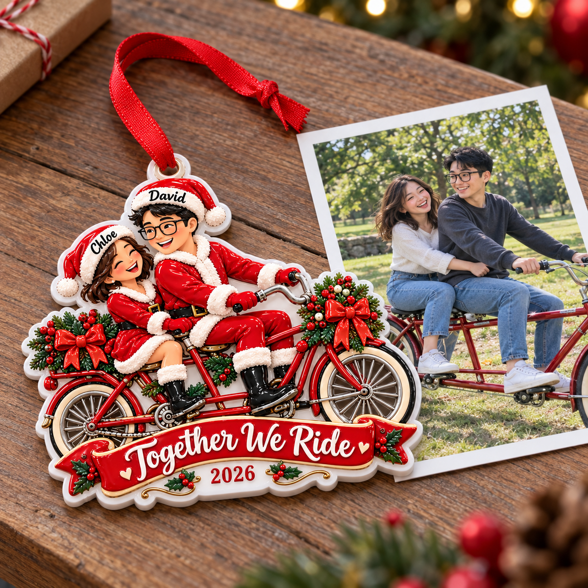 Couple Riding Tandem Bicycle Santa Holiday Keepsake - 3D Relief Ornament