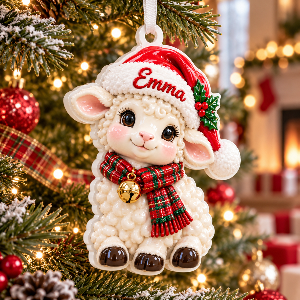 Christmas Lamb in Santa Hat Acrylic Holiday Hanging Decor - 3D Relief Ornament