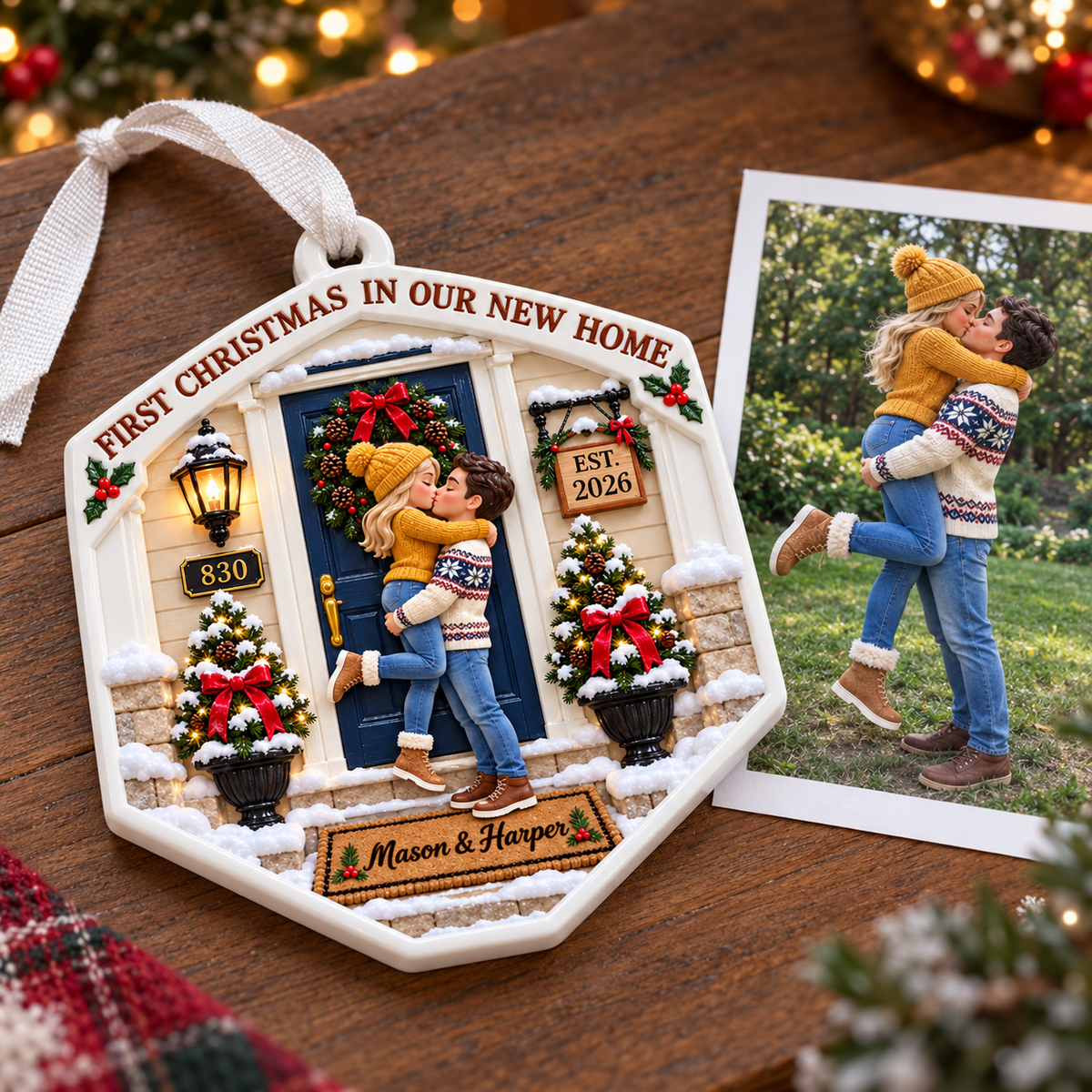 First Christmas in Our New Home Front Porch Couple Plaque - 3D Relief Ornament