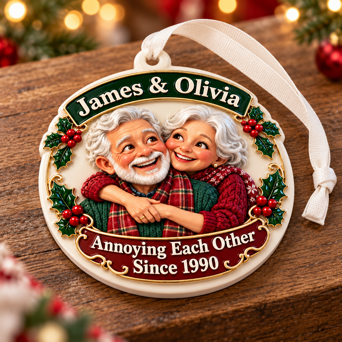 Elderly Couple Annoying Each Other Round Ceramic Holiday Keepsake - 3D Relief Ornament