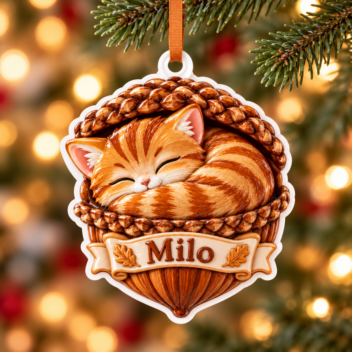 Sleeping Orange Tabby Cat in Acorn Basket Acrylic Holiday Keepsake - 3D Relief Ornament