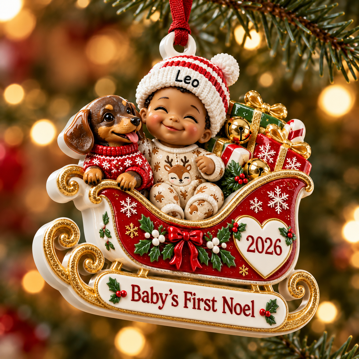 Baby's First Noel Christmas Sleigh with Dachshund Dog Keepsake - 3D Relief Ornament