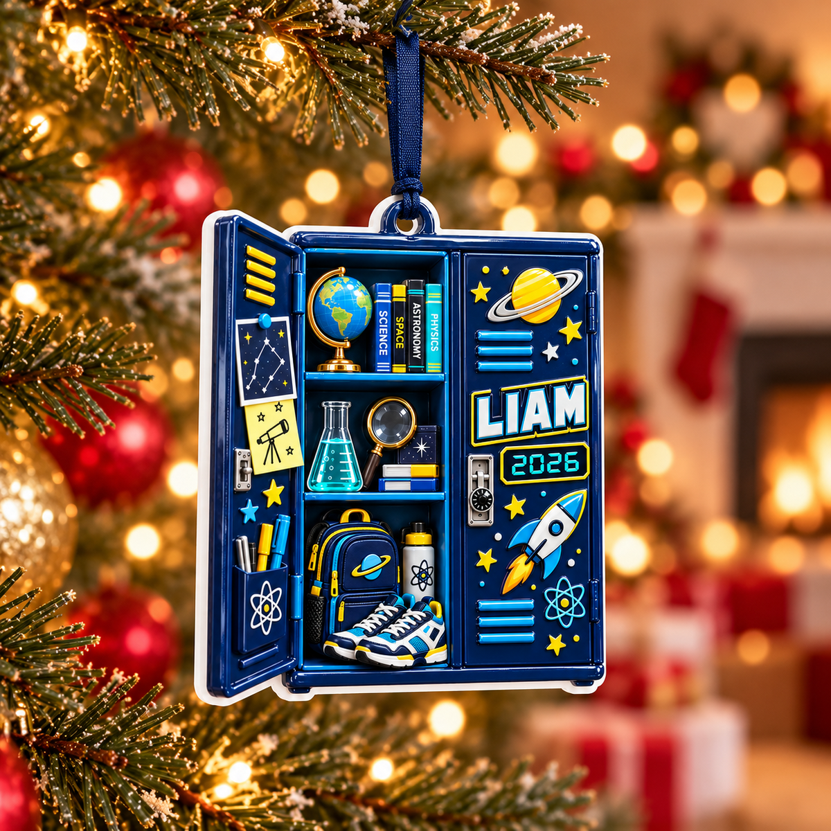 Blue School Locker Astronomy Science Theme Hanging Keepsake - 3D Relief Ornament