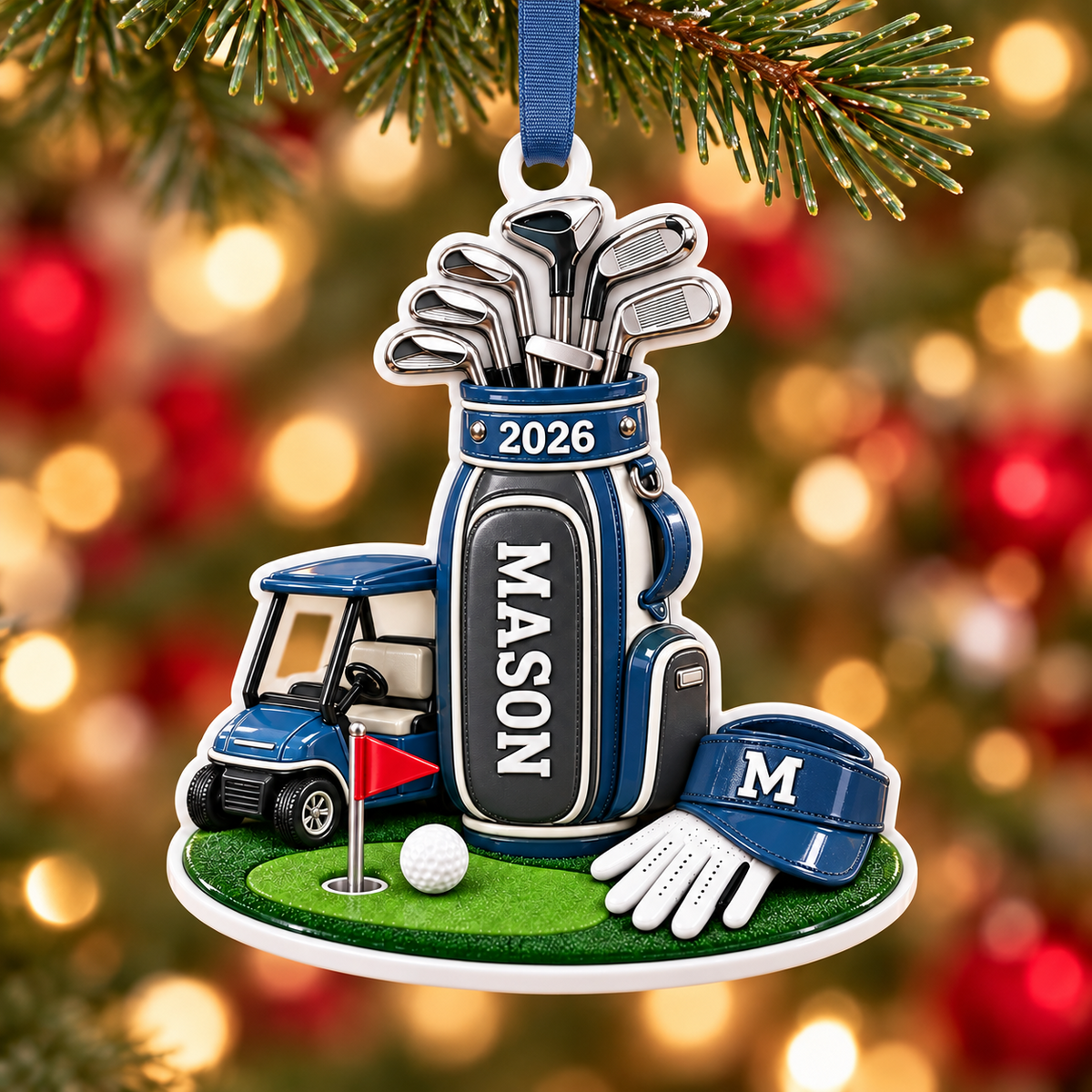 Golf Cart Bag and Clubs Holiday Tree Hanging Decoration - 3D Relief Ornament