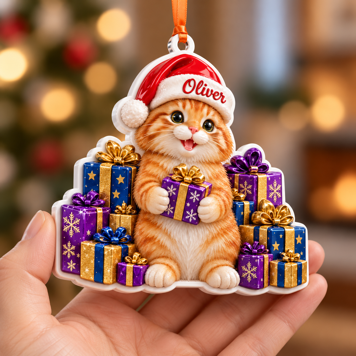 Ginger Cat in Santa Hat with Christmas Gift Boxes Acrylic Hanging Tree Decoration - 3D Relief Ornament