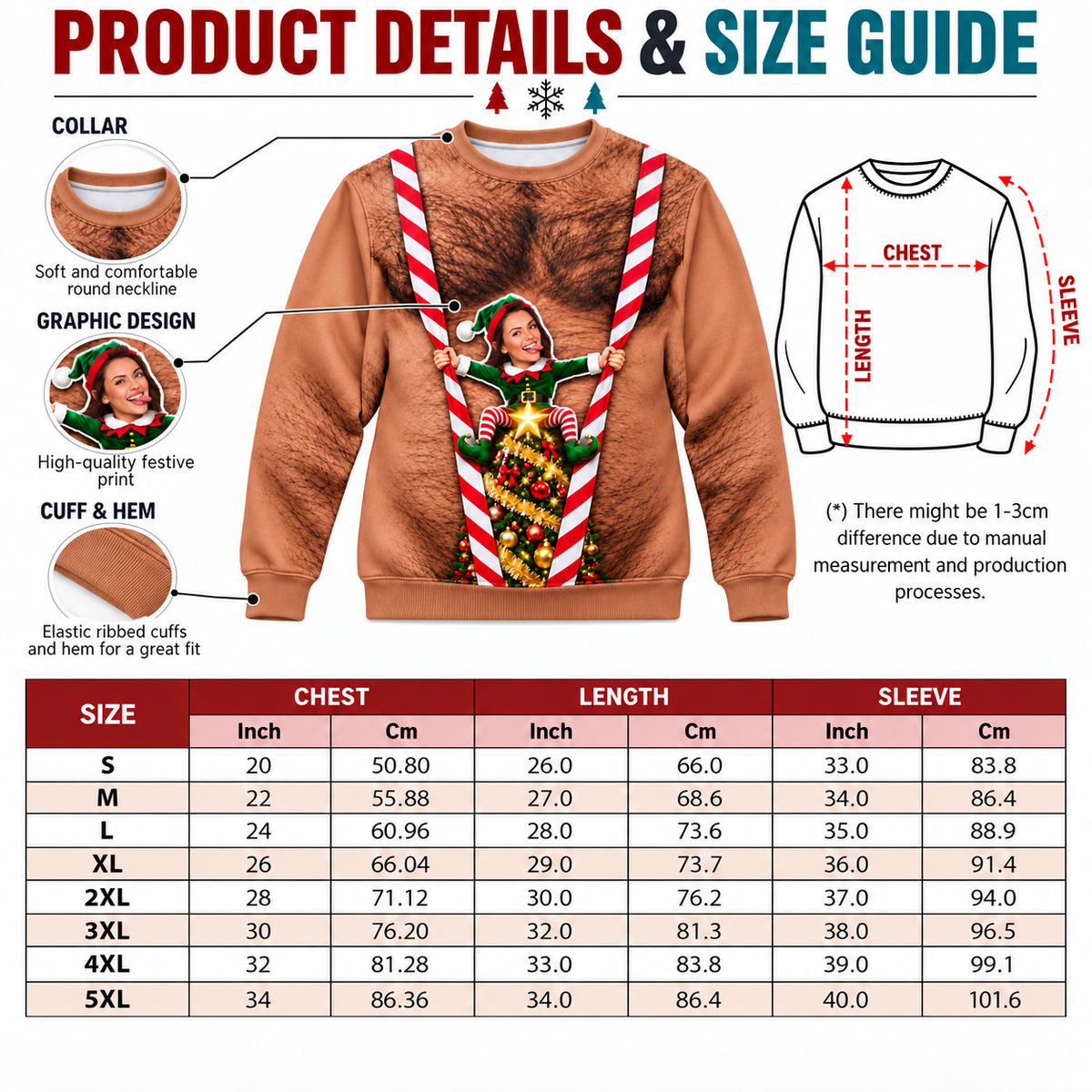 Funny Christmas Sweatshirt, Hairy Chest Elf Graphic Holiday Pullover