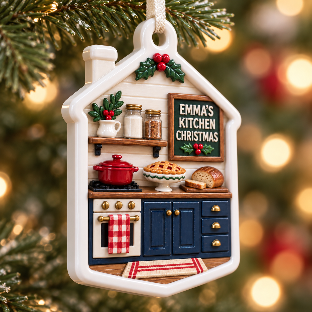 Holiday Kitchen Baking Scene House Shaped Hanging Tree Decor - 3D Relief Ornament