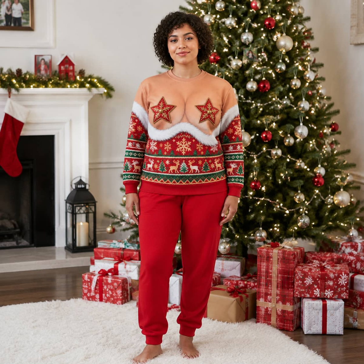 Funny Cleavage Ugly Christmas Sweatshirt, Faux Chest Holiday Top