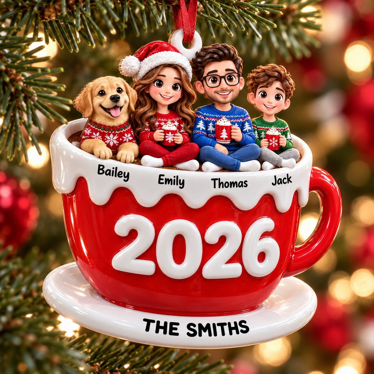 Family of Three with Dog in Hot Cocoa Mug Holiday Keepsake - 3D Relief Ornament