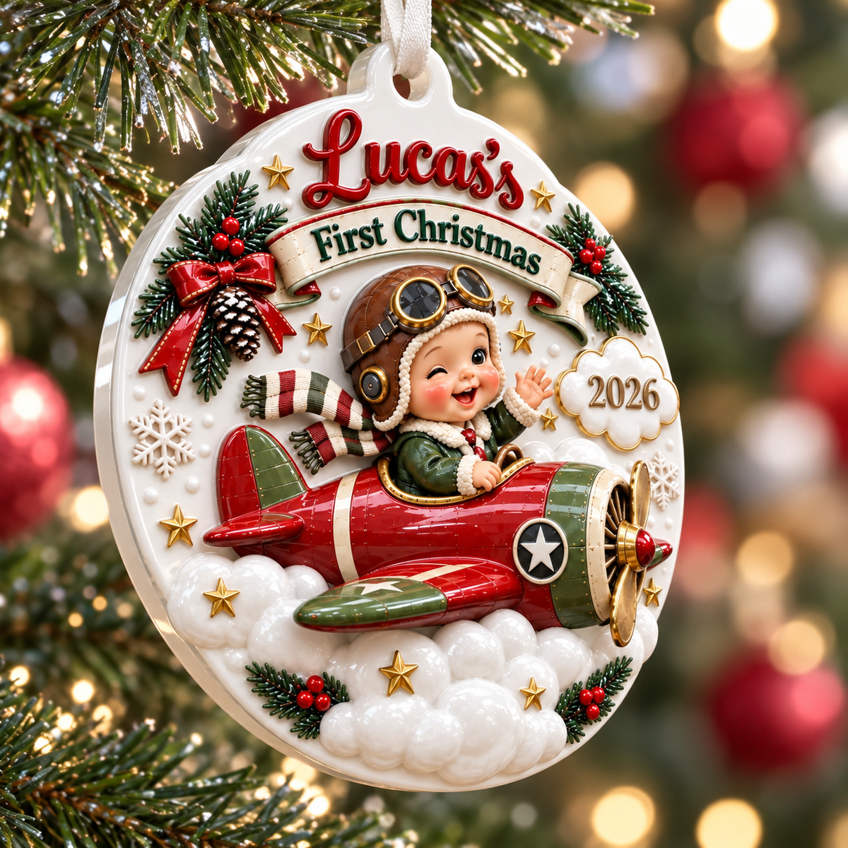 Baby First Christmas Aviator Pilot Red Airplane Holiday Tree Medallion - 3D Relief Ornament