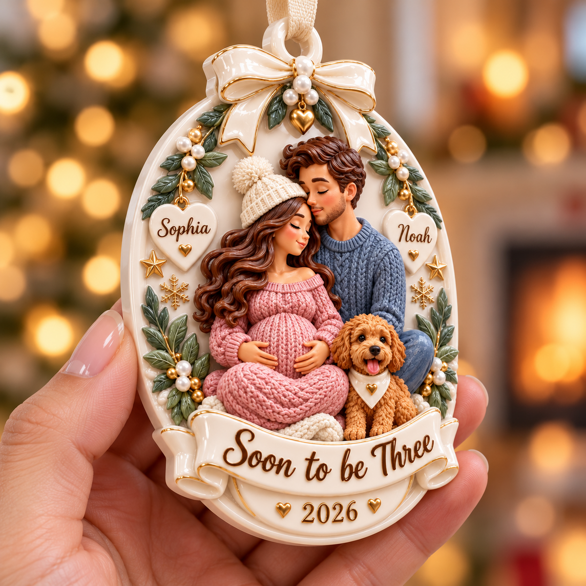 Expecting Couple with Dog Oval Keepsake Hanging Holiday Plaque - 3D Relief Ornament