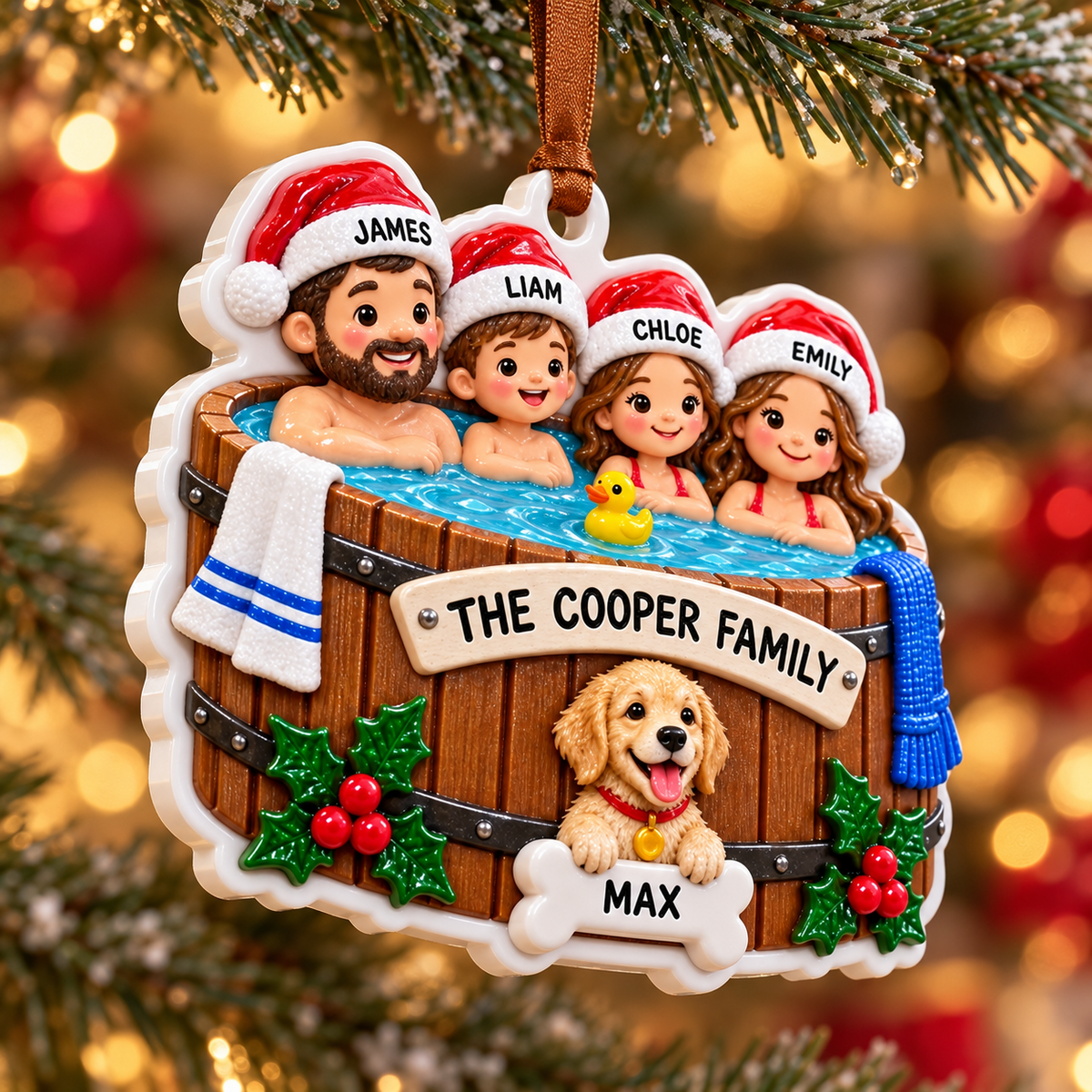 Family of 4 with Dog in Hot Tub Holiday Keepsake - 3D Relief Ornament