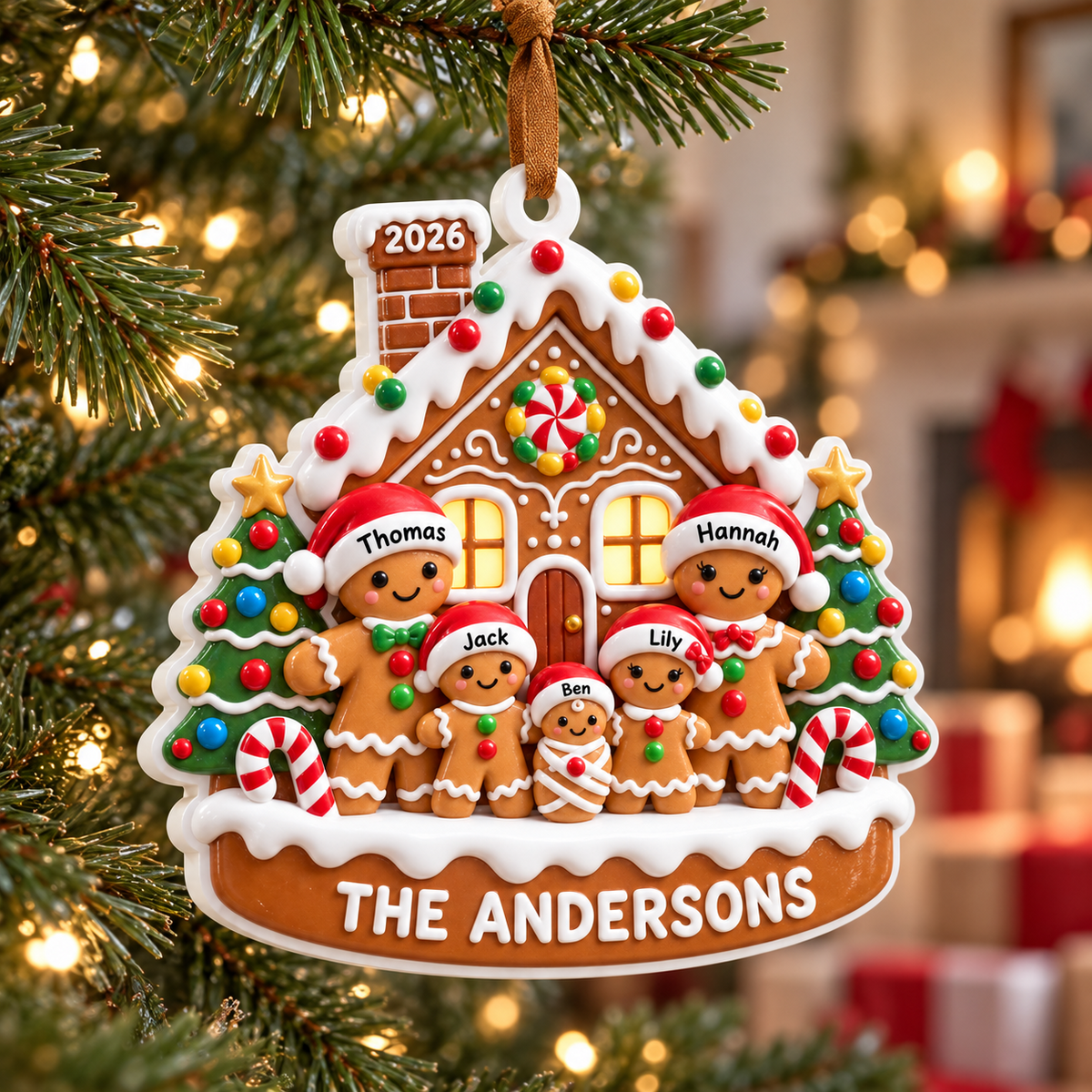Gingerbread House Family of Five Holiday Tree Hanging Decoration - 3D Relief Ornament