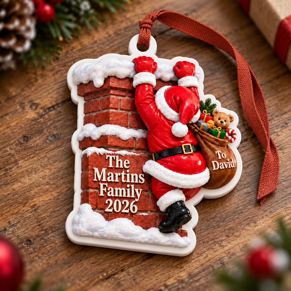 Santa Climbing Brick Chimney Christmas Tree Hanging Keepsake - 3D Relief Ornament