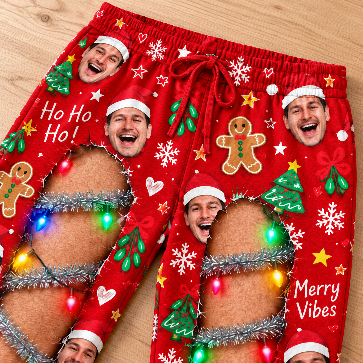Christmas Pajama Pants Ripped Leg Holiday Lights Lounge Bottoms