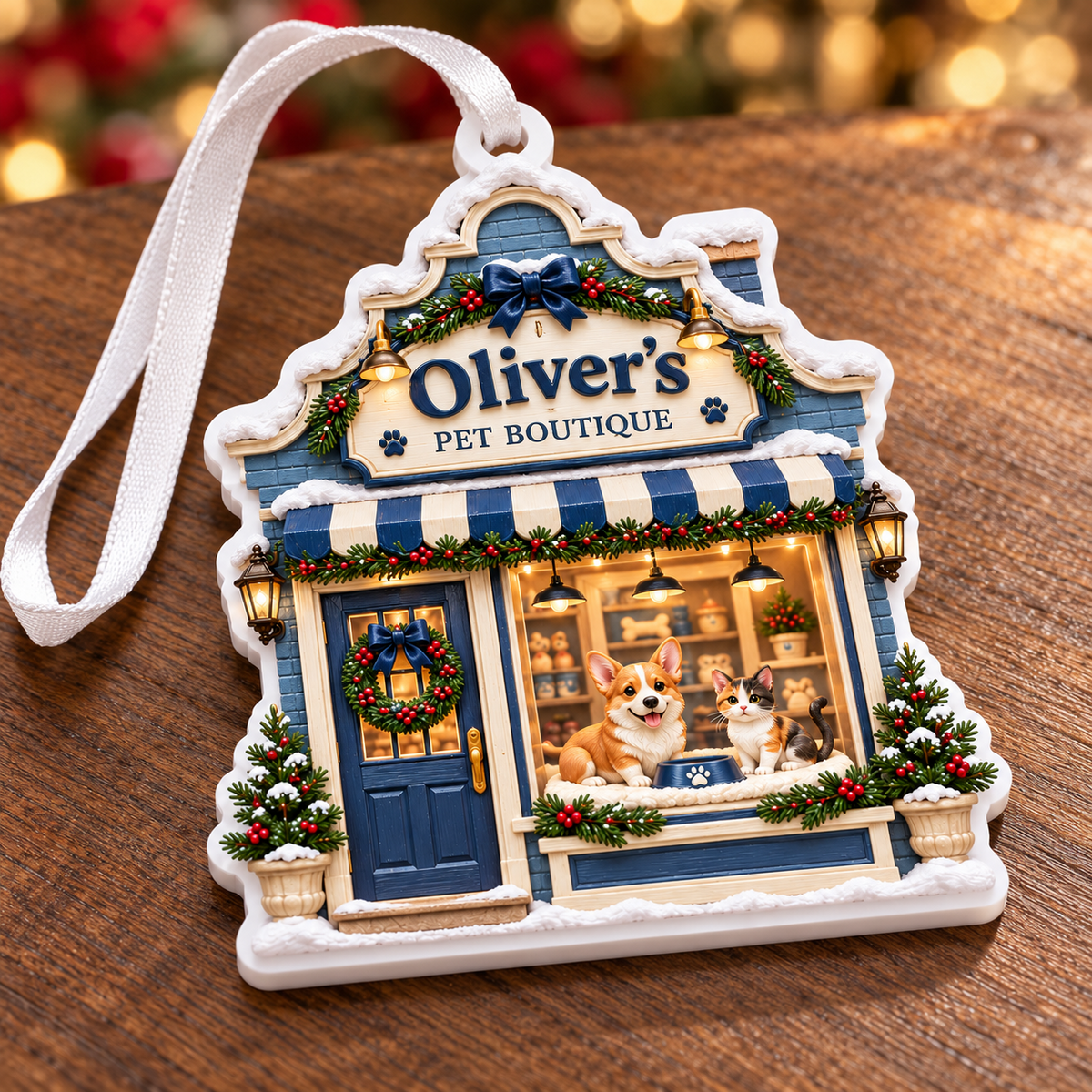 Christmas Pet Boutique Storefront Hanging Holiday Keepsake - 3D Relief Ornament