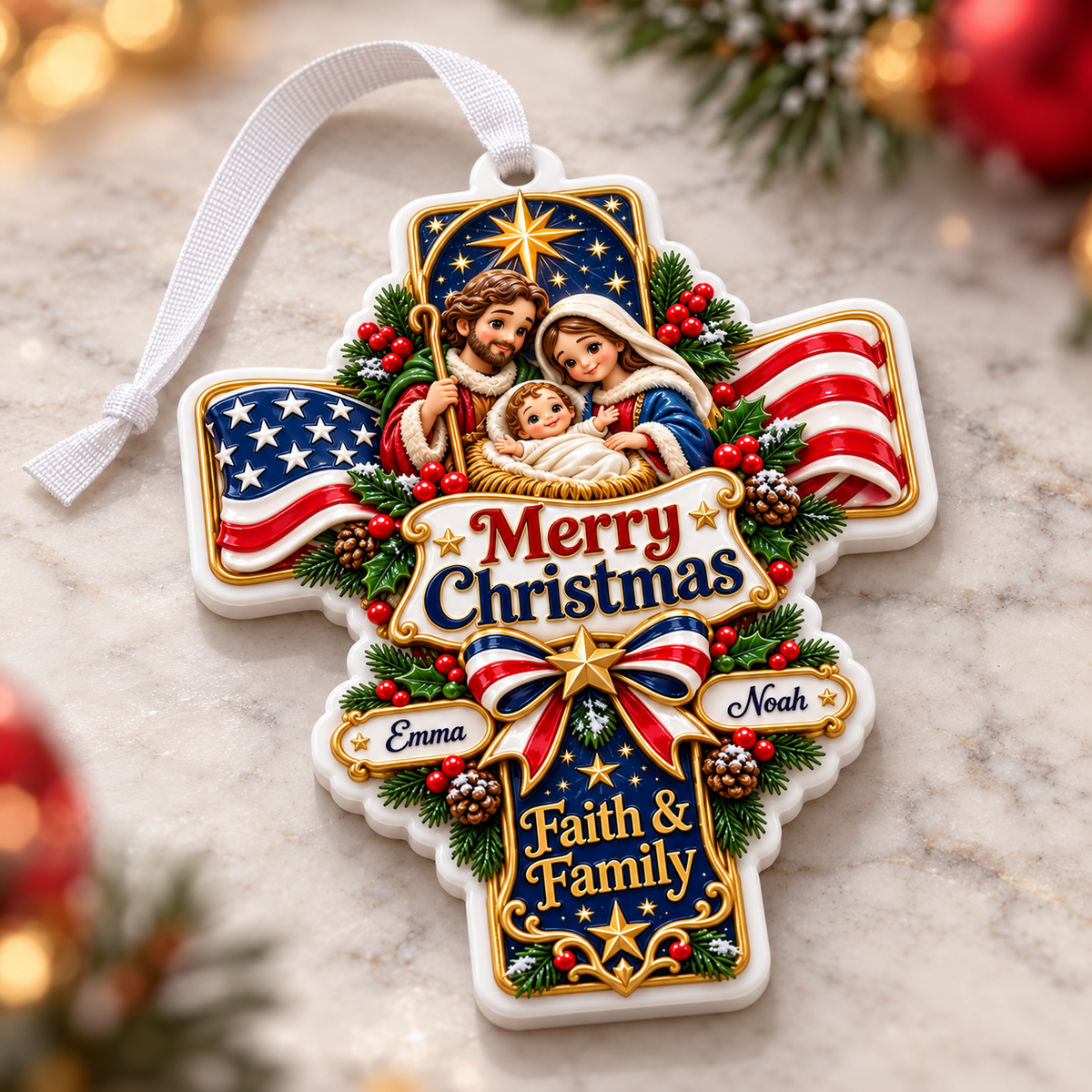 Nativity Scene American Flag Cross Faith and Family Holiday Tree Hanging Decor - 3D Relief Ornament
