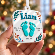 Baby Footprint Birth Stats Hanging Keepsake, Newborn White Holiday Plaque - 3D Relief Ornament