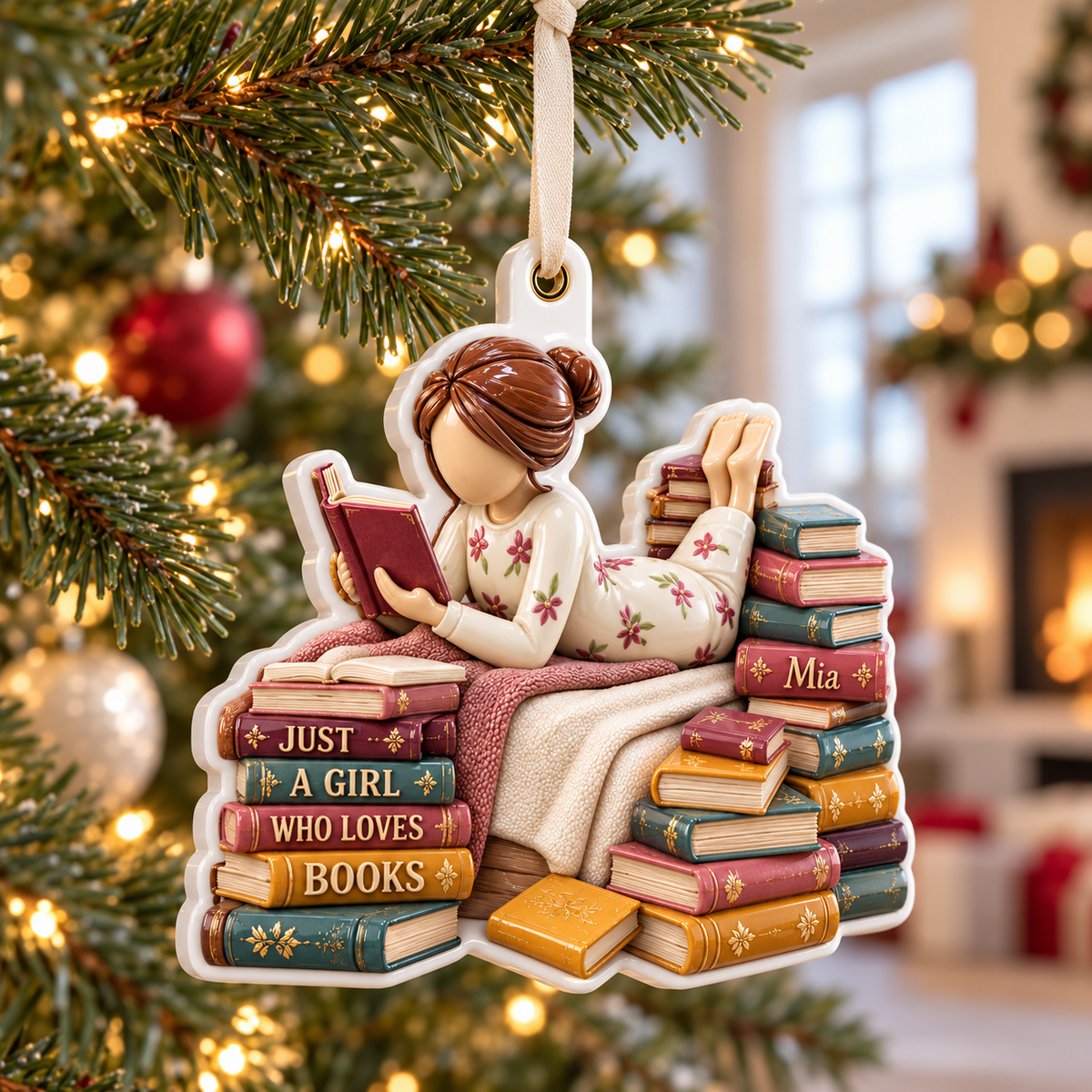 Girl Reading on Bed with Book Stacks Hanging Keepsake - 3D Relief Ornament