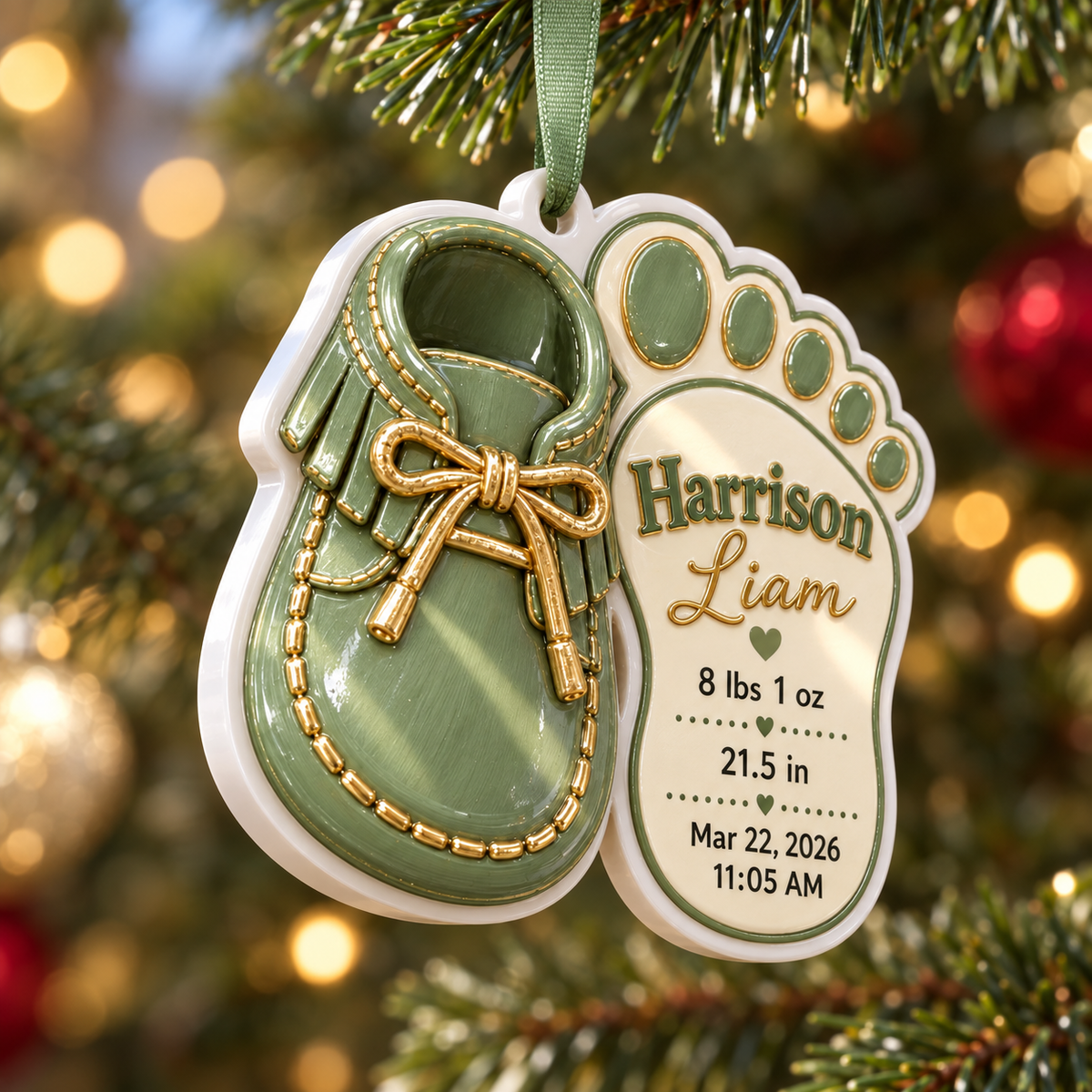 Baby Bootie Shoe and Footprint Birth Announcement Keepsake, Sage Green Holiday Decor - 3D Relief Ornament