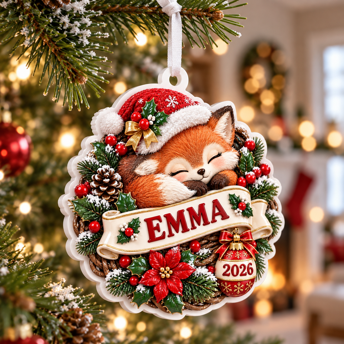 Sleeping Fox Wreath with Santa Hat Acrylic Christmas Keepsake - 3D Relief Ornament