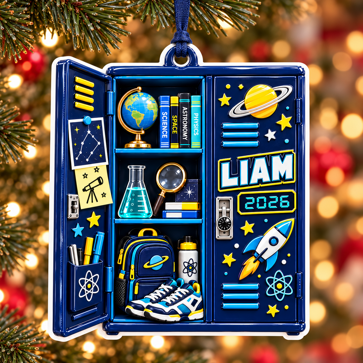 Blue School Locker Astronomy Science Theme Hanging Keepsake - 3D Relief Ornament