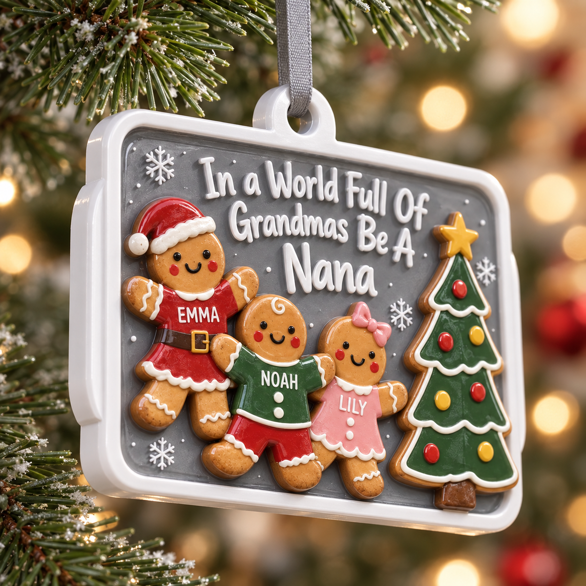 Nana Gingerbread Family Christmas Plaque, Rectangular Hanging Holiday Tree Decor - 3D Relief Ornament