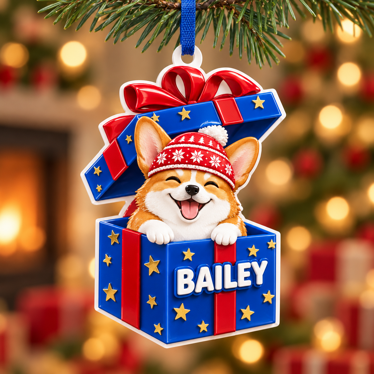 Corgi Dog in Blue Christmas Gift Box Holiday Tree Hanging Decoration - 3D Relief Ornament