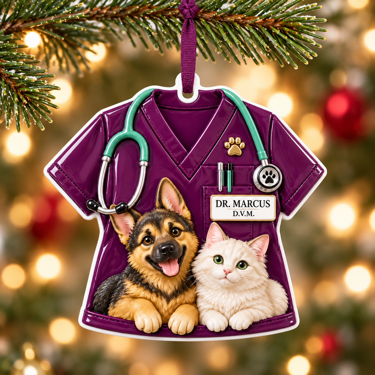 Veterinarian Scrub Uniform with German Shepherd Dog and White Cat - 3D Relief Ornament