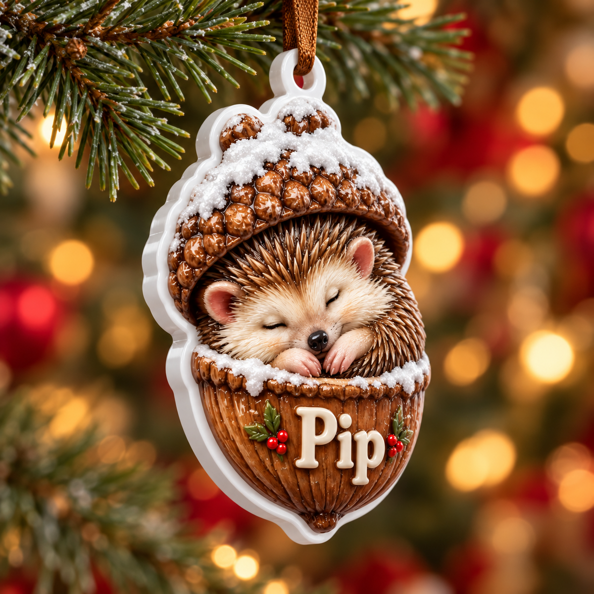 Sleeping Hedgehog in Acorn Shell Holiday Tree Decoration - 3D Relief Ornament