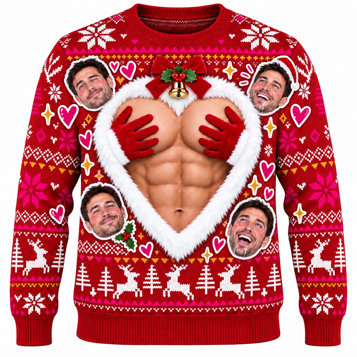 Funny Ugly Christmas Sweater Muscular Chest Heart Graphic Pullover