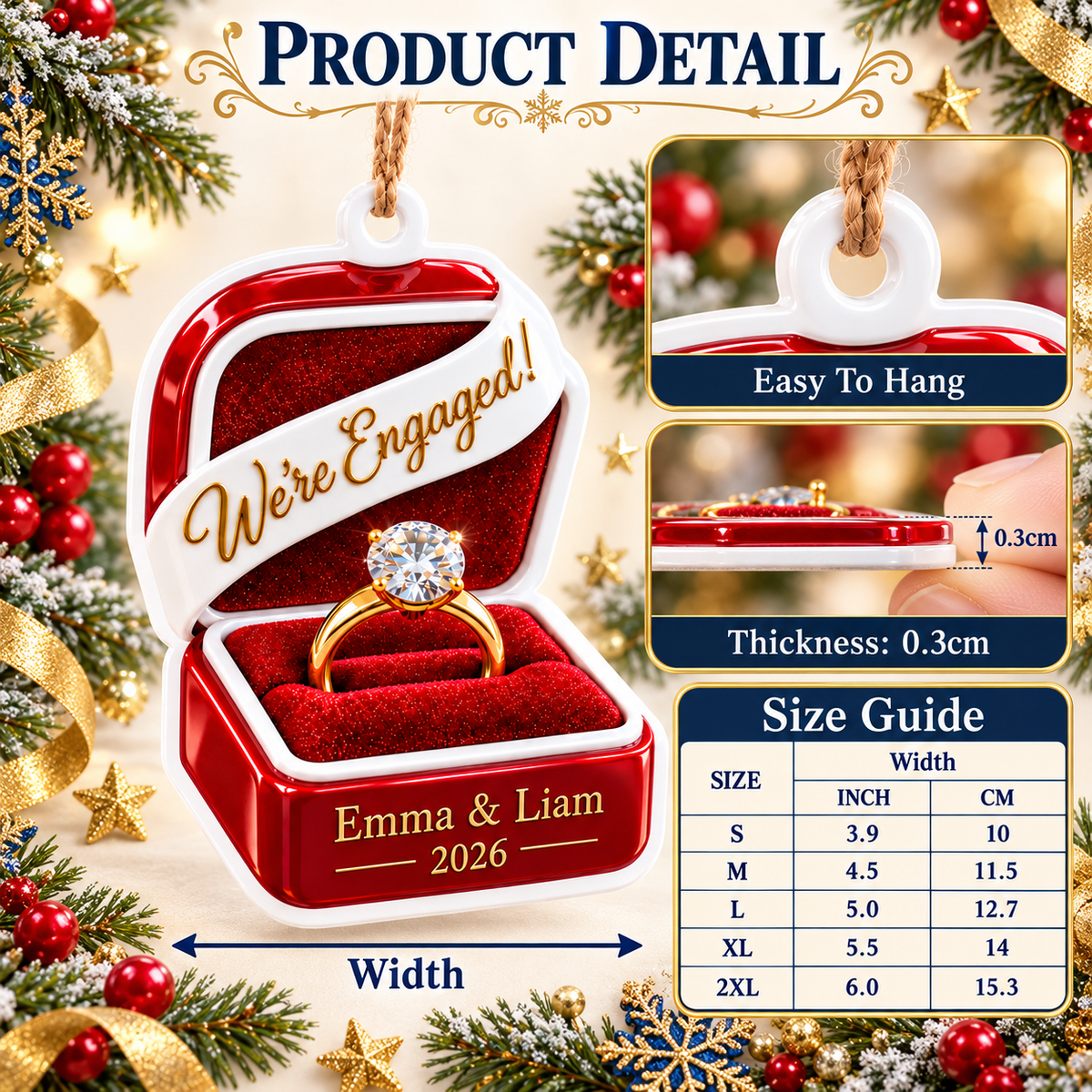We're Engaged Red Velvet Ring Box Christmas Tree Keepsake - 3D Relief Ornament