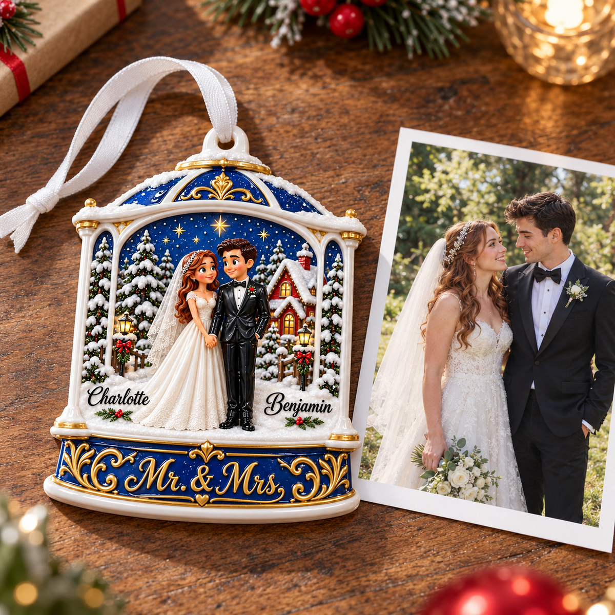 Winter Wedding Couple Mr and Mrs Blue Bell Christmas Tree Keepsake - 3D Relief Ornament