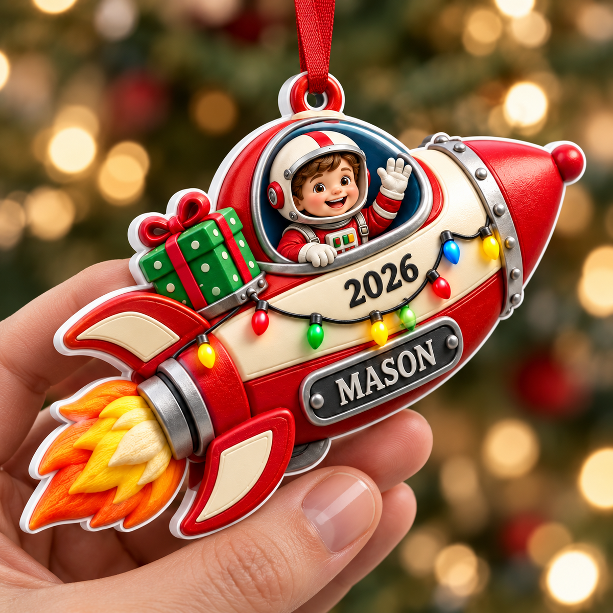 Astronaut Boy Flying Red Rocket Ship Holiday Tree Hanging Decor - 3D Relief Ornament