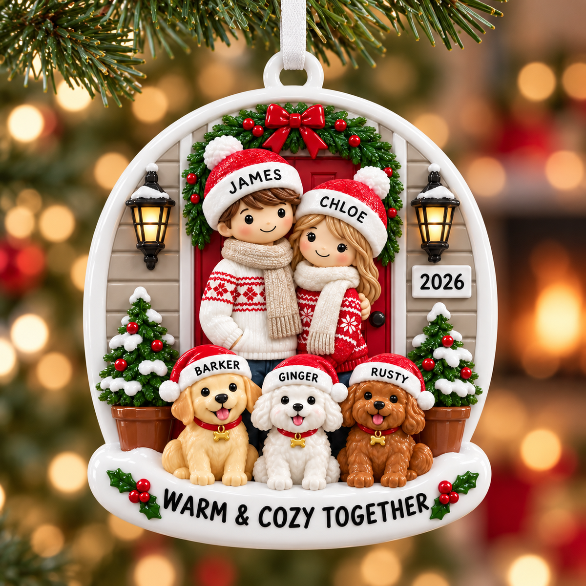 Couple with Three Dogs Front Porch Holiday Keepsake - 3D Relief Ornament