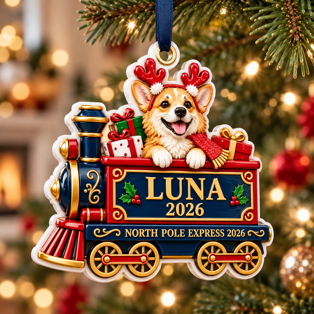 Corgi Dog North Pole Express Train Christmas Holiday Keepsake - 3D Relief Ornament