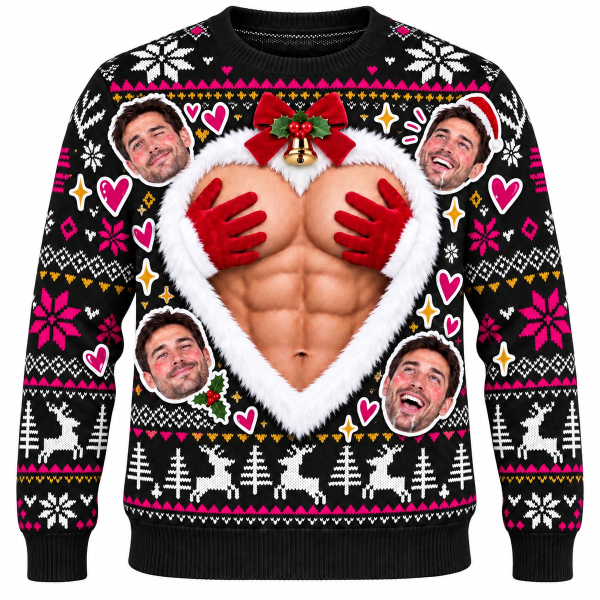 Funny Ugly Christmas Sweater Muscular Chest Heart Graphic Pullover