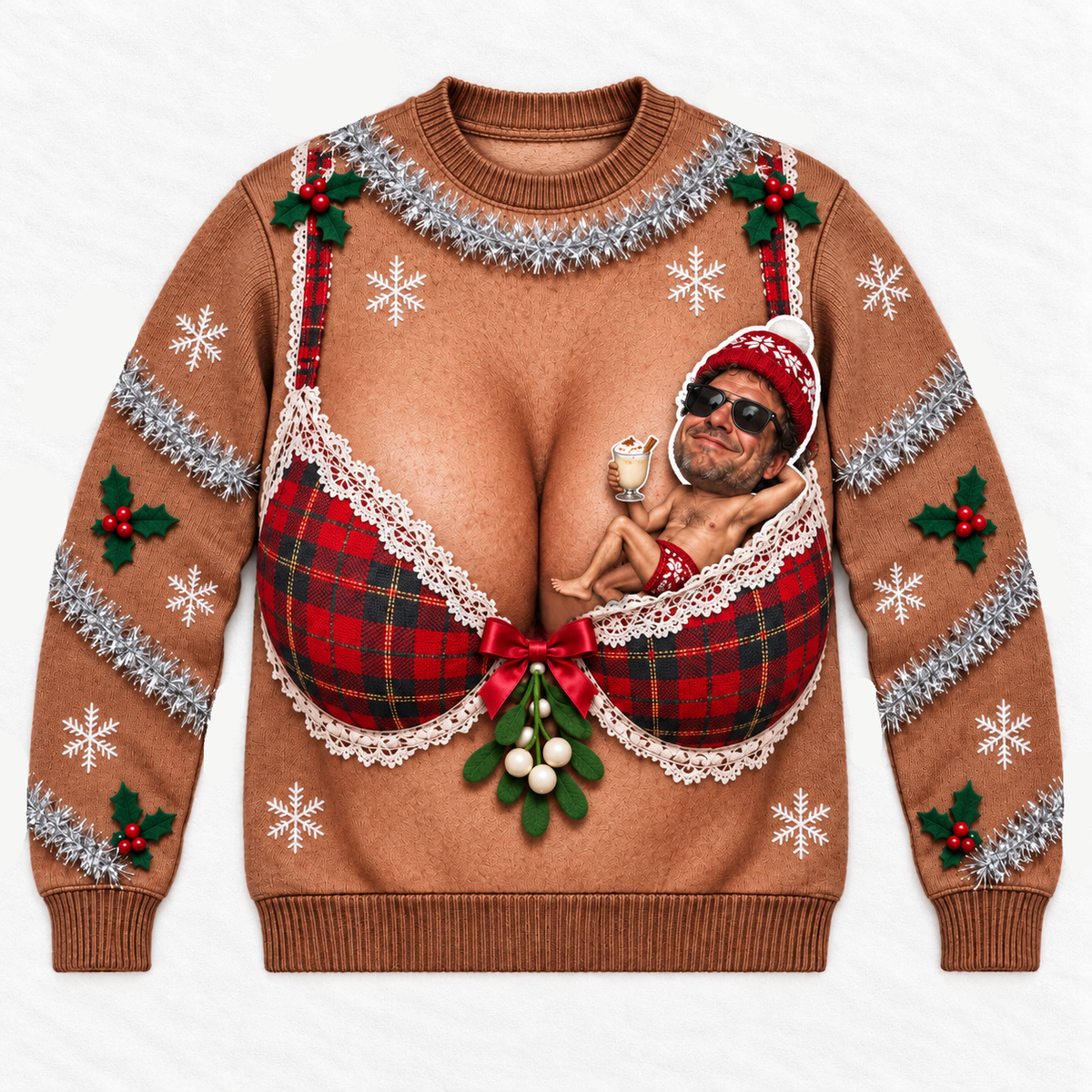 Funny Christmas Sweatshirt, Brown Novelty Plaid Bra Graphic Crewneck