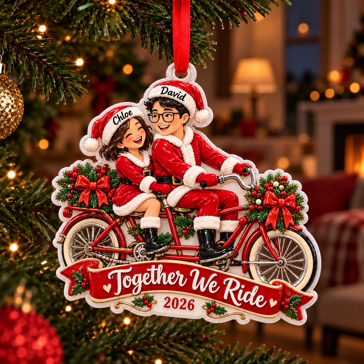 Couple Riding Tandem Bicycle Santa Holiday Keepsake - 3D Relief Ornament