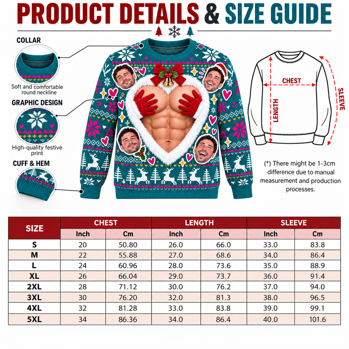 Funny Ugly Christmas Sweater Muscular Chest Heart Graphic Pullover