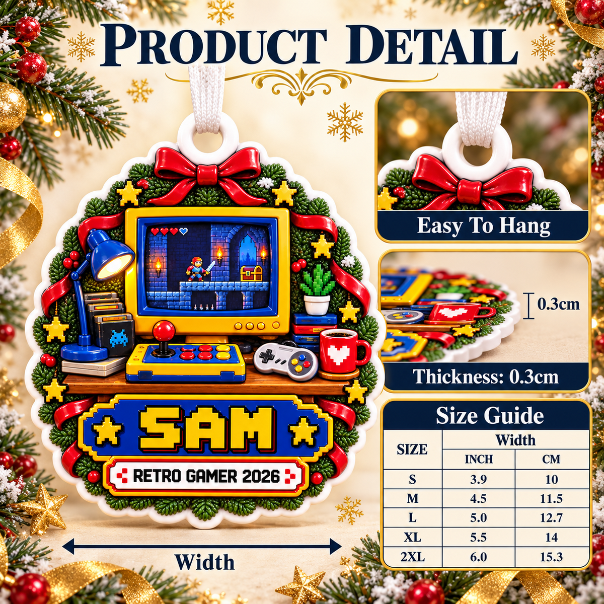Retro Gamer Pixel Arcade Desk Holiday Hanging Keepsake - 3D Relief Ornament