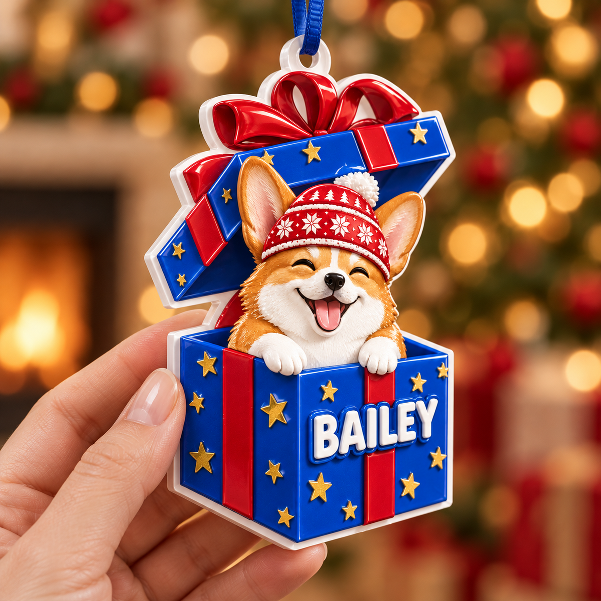 Corgi Dog in Blue Christmas Gift Box Holiday Tree Hanging Decoration - 3D Relief Ornament