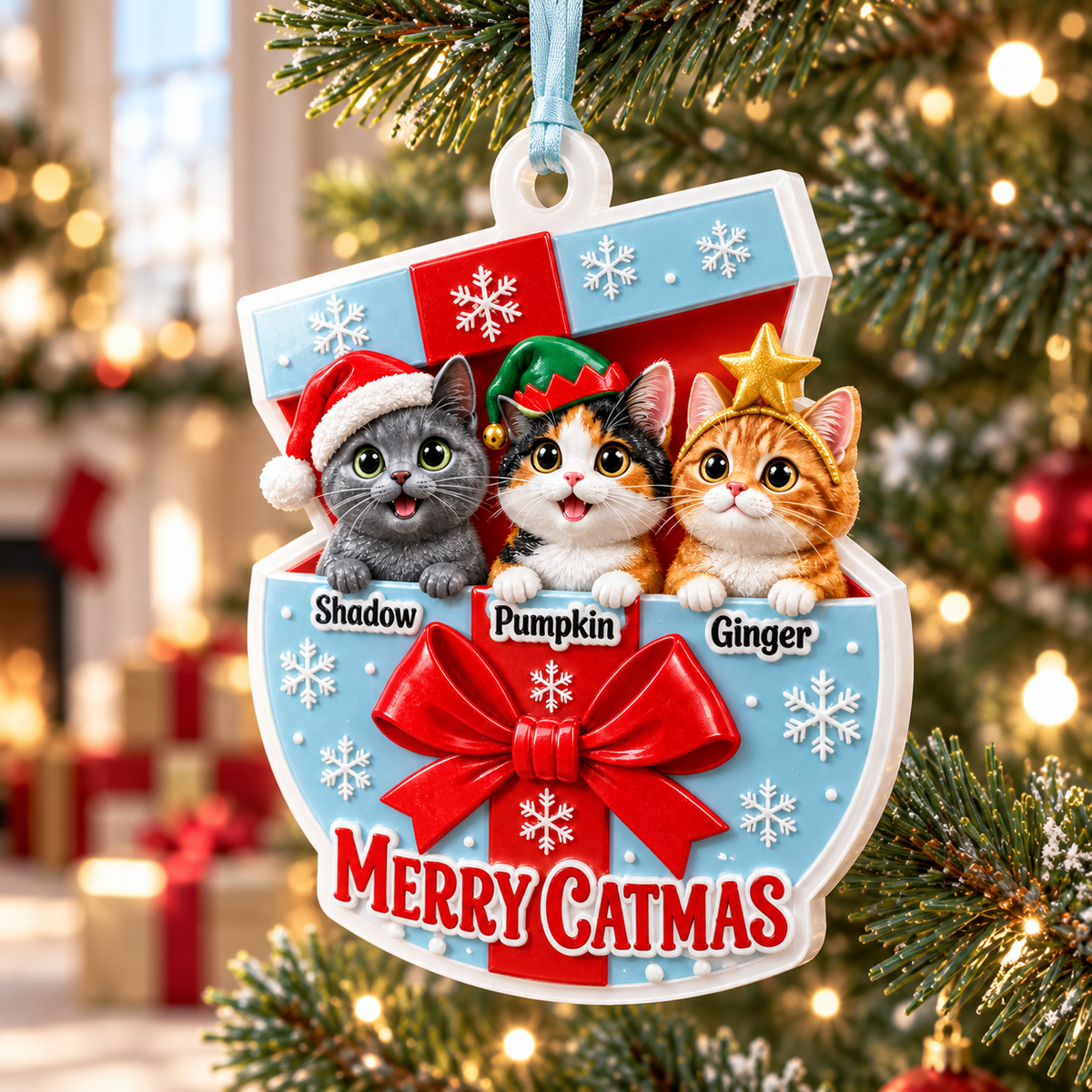 Holiday Cat Trio in Present Box Christmas Tree Pendant, Snowflake Bow Keepsake - 3D Relief Ornament