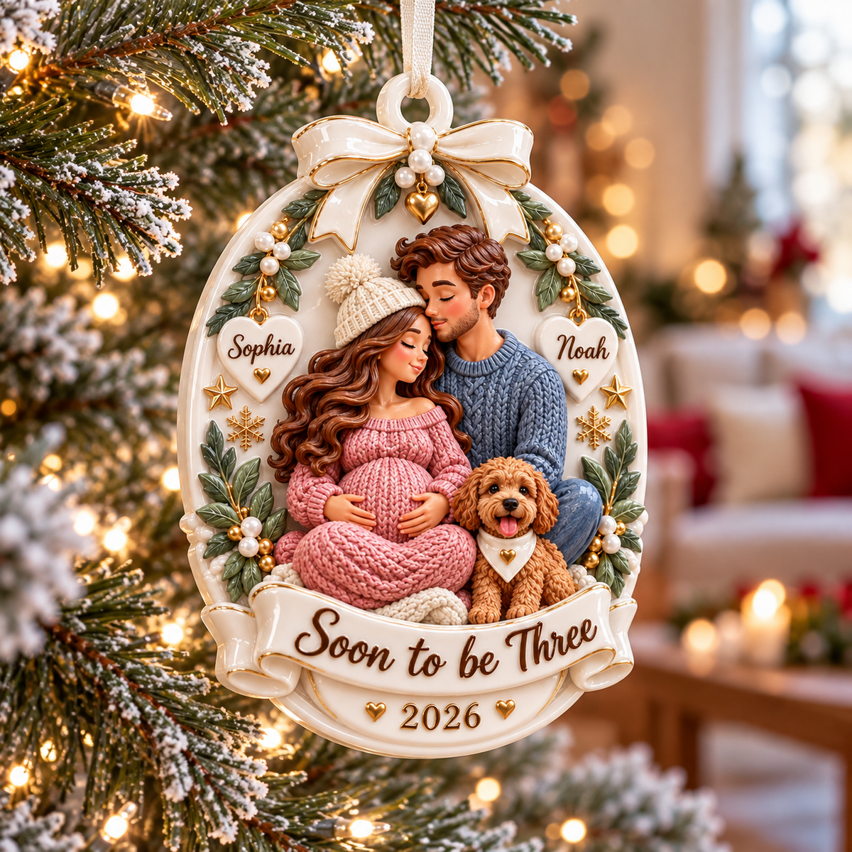 Expecting Couple with Dog Oval Keepsake Hanging Holiday Plaque - 3D Relief Ornament