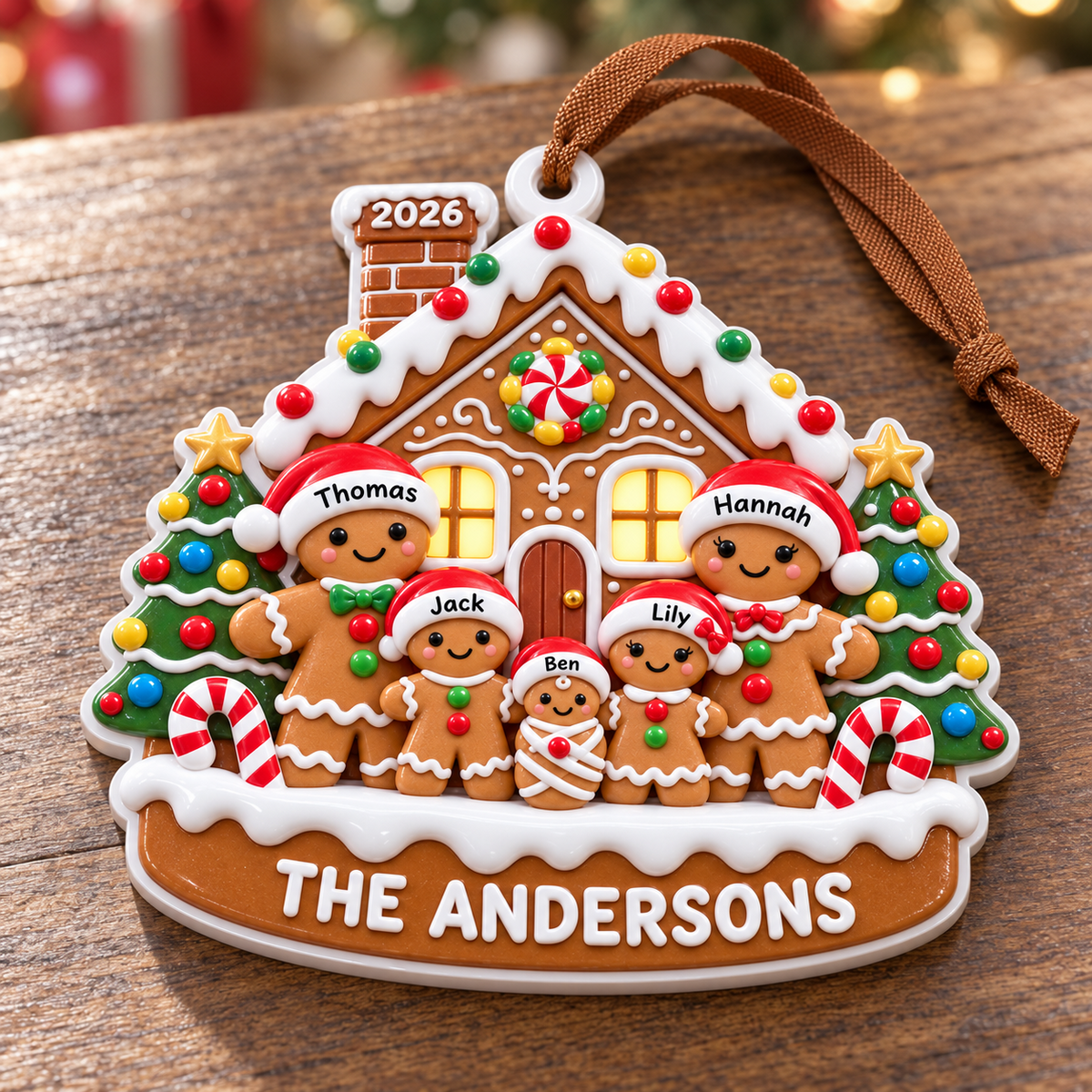 Gingerbread House Family of Five Holiday Tree Hanging Decoration - 3D Relief Ornament