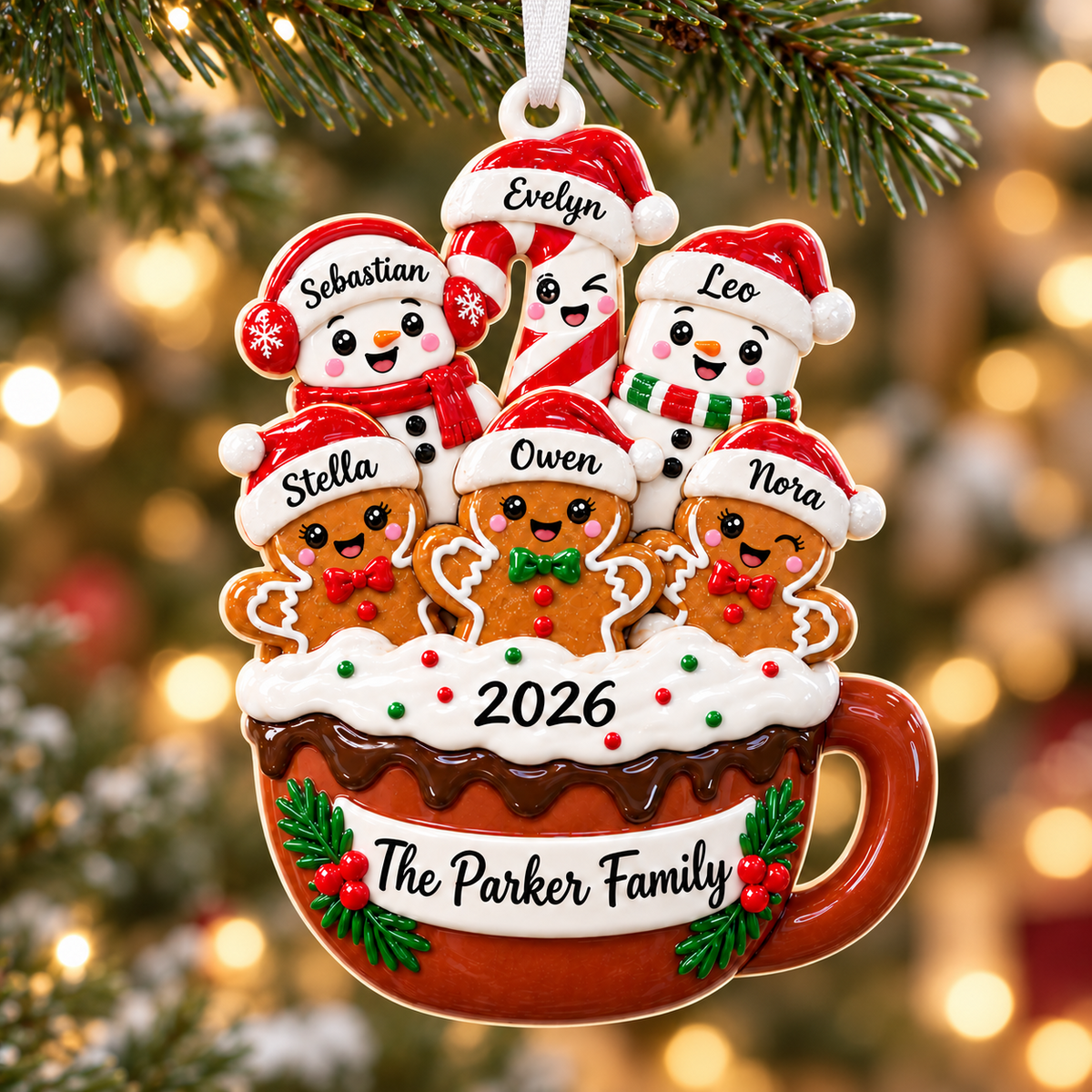 Hot Cocoa Mug Snowman and Gingerbread Family Holiday Tree Hanging Decor - 3D Relief Ornament