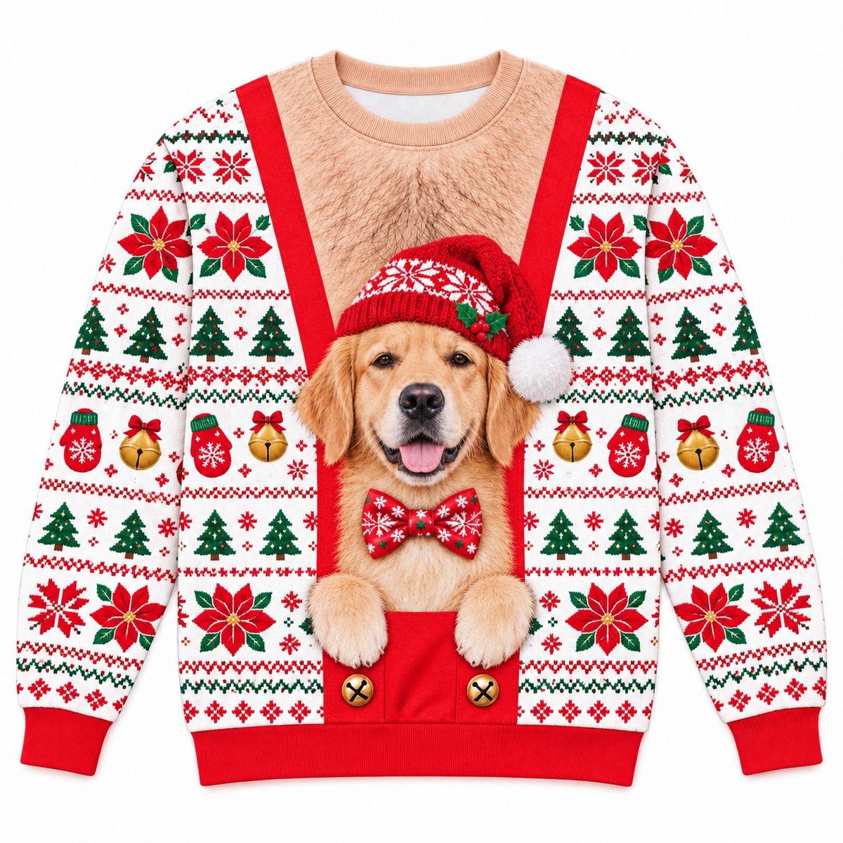 Golden Retriever Ugly Christmas Sweatshirt Faux Hairy Chest Pullover