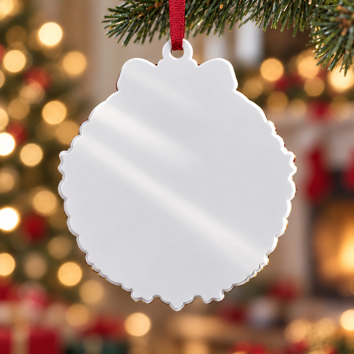 Christmas Family Bauble Medallion in Red and Gold Filigree Scrollwork - 3D Relief Ornament