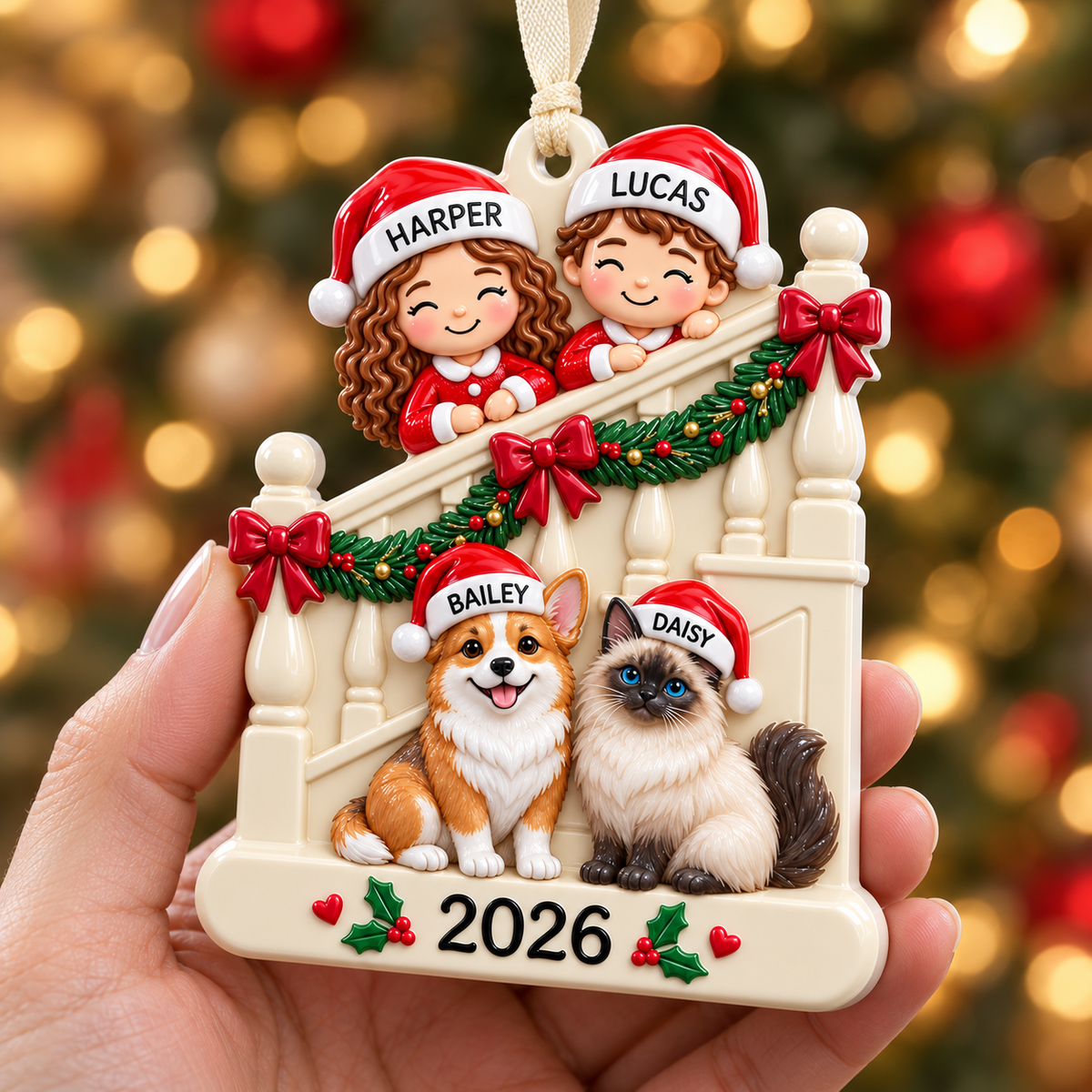 Family Kids with Dog and Cat on Staircase Christmas Holiday Keepsake - 3D Relief Ornament