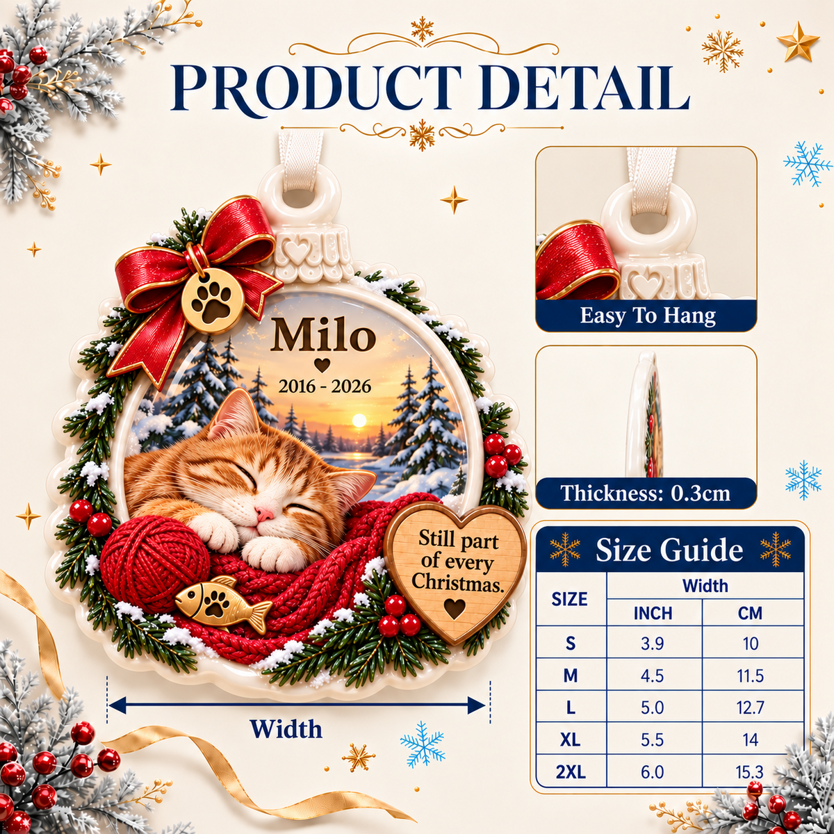 Sleeping Orange Tabby Cat Memorial Holiday Keepsake with Pine Wreath - 3D Relief Ornament